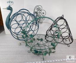 Lot of 2 Metal Wine Racks Table top Holders (Peacock & Grape theme) and 1 Ivy Vine Basket