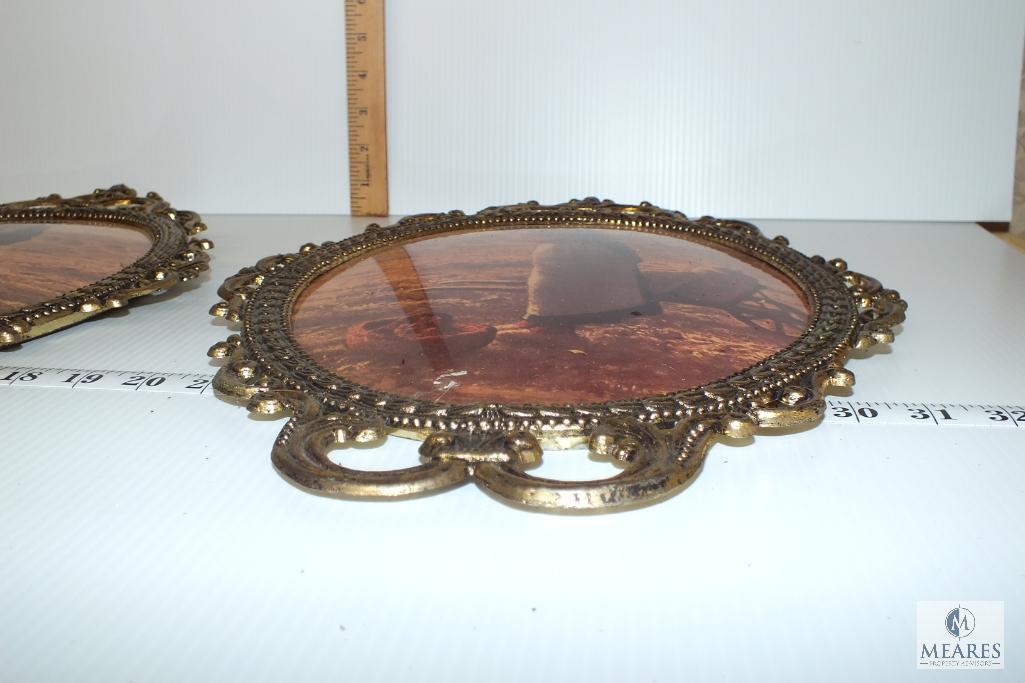 Vintage Convex Oval Ornate Frame of Praying Farmer and Farmer's Wife