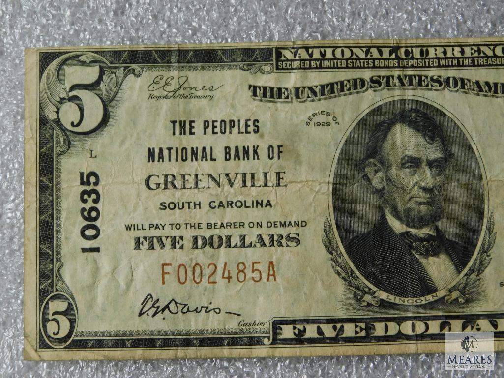 National Currency Note - The Peoples Bank of Greenville, South Carolina $5 note