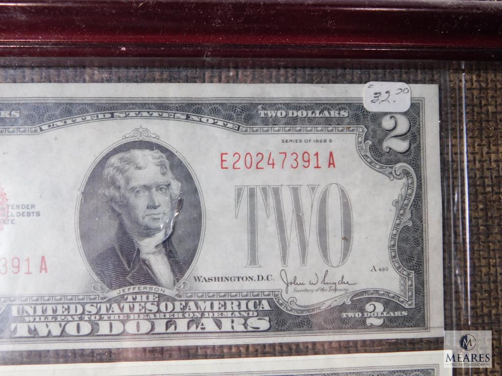 Framed US $2 note collection