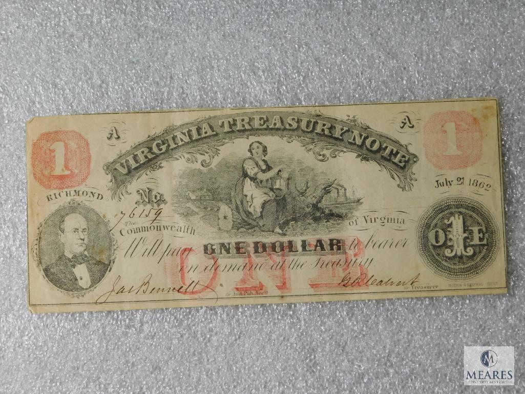 July 1862 $1 Virginia Treasury Note - hand signed and numbered