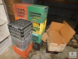 Lot of plastic Milk Crates and box of Hang or Stack Storage Bins