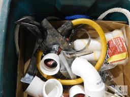 Lot of assorted Supplies: Rope, PVC Fittings, Fasteners, Shims, Power Connector, and more