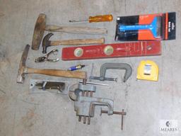 Lot of assorted Tools - Level, Hammer, Tape Measure, Clamps, Allen Wrenches, and more
