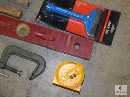 Lot of assorted Tools - Level, Hammer, Tape Measure, Clamps, Allen Wrenches, and more