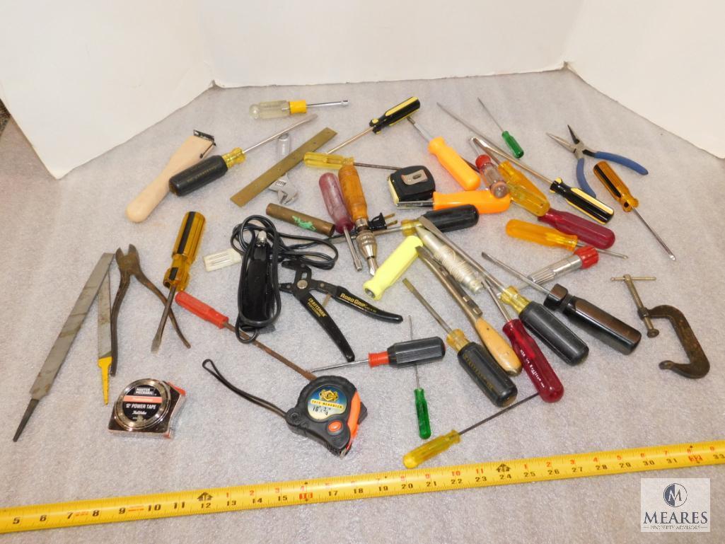 Lot of assorted Tools - Screwdrivers, Tape Measures, Pliers, Engraver Tool, and more