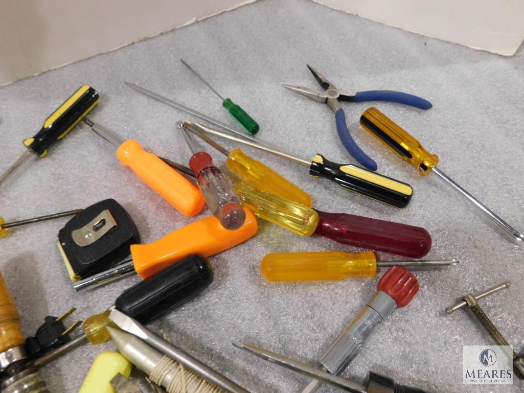Lot of assorted Tools - Screwdrivers, Tape Measures, Pliers, Engraver Tool, and more