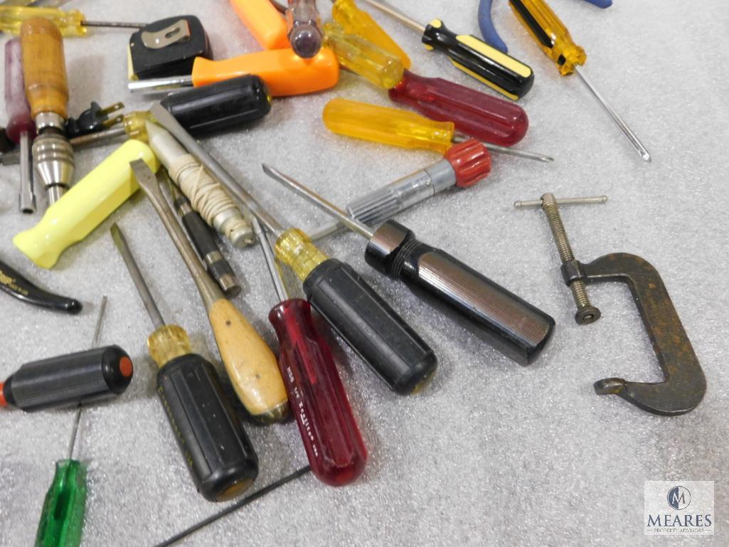 Lot of assorted Tools - Screwdrivers, Tape Measures, Pliers, Engraver Tool, and more