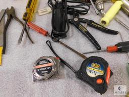 Lot of assorted Tools - Screwdrivers, Tape Measures, Pliers, Engraver Tool, and more