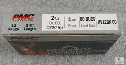 25 rounds- 12 gauge PMC 00 Buckshot 9 pellets 2 3/4" high velocity. Hard to find. 5 boxes of 5 each.