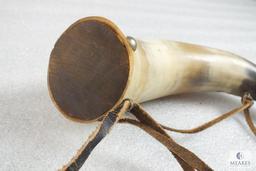 Bull Horn / Powder Horn Approximately 11" Long with Measure Cup and Leather Straps