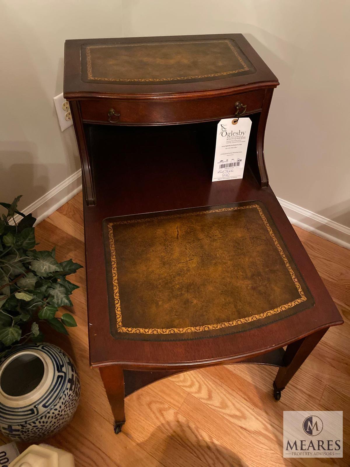 Set of Two Matching Mahogany Inlay End Tables on Wheels