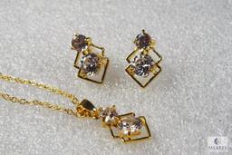 Set of gold tone Costume jewelry Necklace & Matching earrings with clear rhinestones