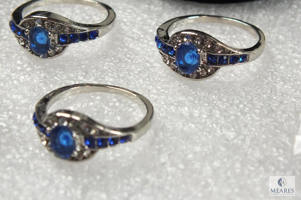 Lot of 8 Size 9 Costume Jewelry Rings silver tone with Blue & clear Rhinestones