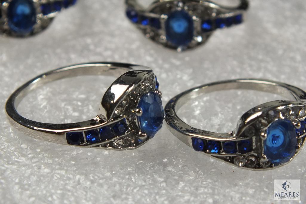 Lot of 8 Size 9 Costume Jewelry Rings silver tone with Blue & clear Rhinestones