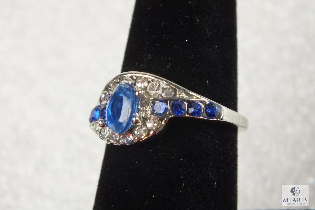 Lot of 2 Size 7.5 Costume Jewelry Rings silver tone with Blue & clear Rhinestones