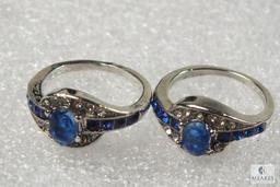 Lot of 2 Size 7.5 Costume Jewelry Rings silver tone with Blue & clear Rhinestones
