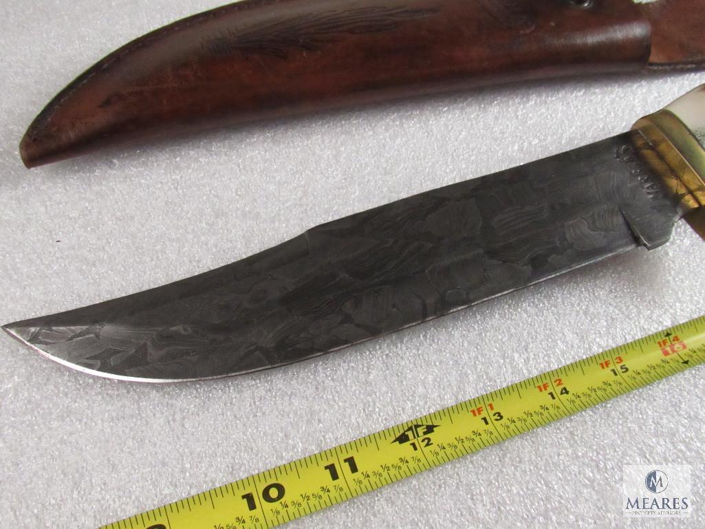 Marble's Damascus Blade Bowie Knife with Stag handle & Leather Sheath