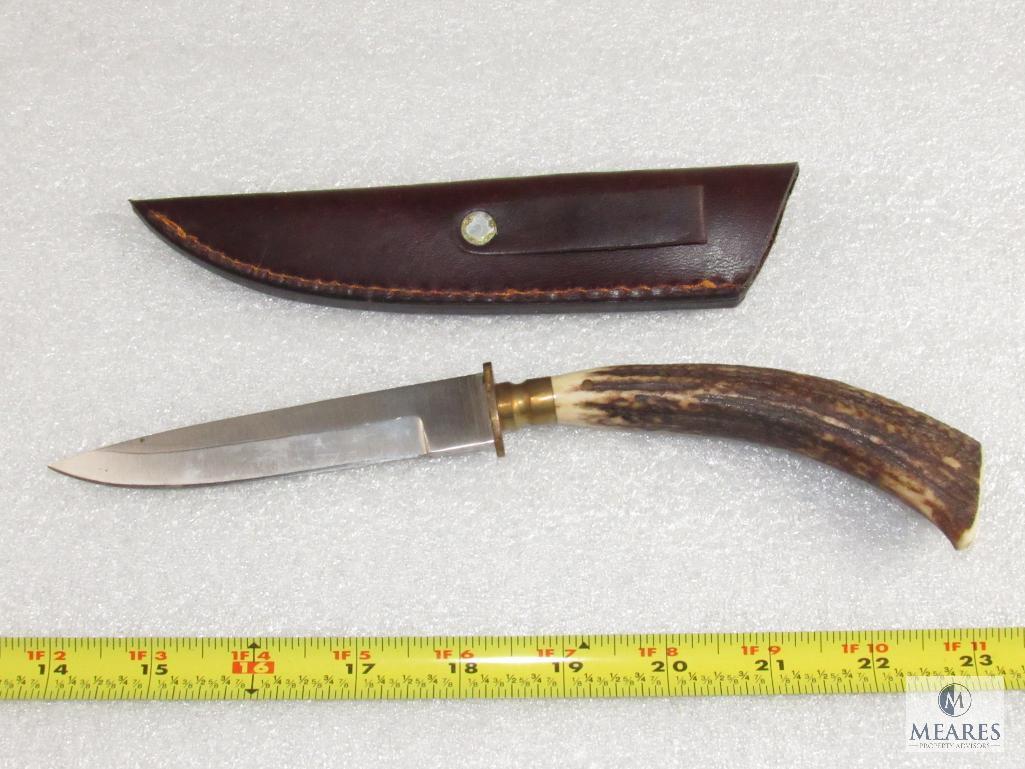 Fixed blade Skinner Knife with Stag Handle and Leather Sheath