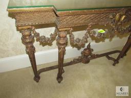 Antique Entry Hall Table Gold Tone Ornate Carved with Glass Top