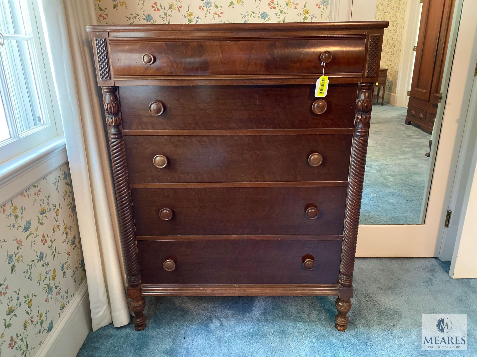 Beautifully carved five-drawer chest of drawers