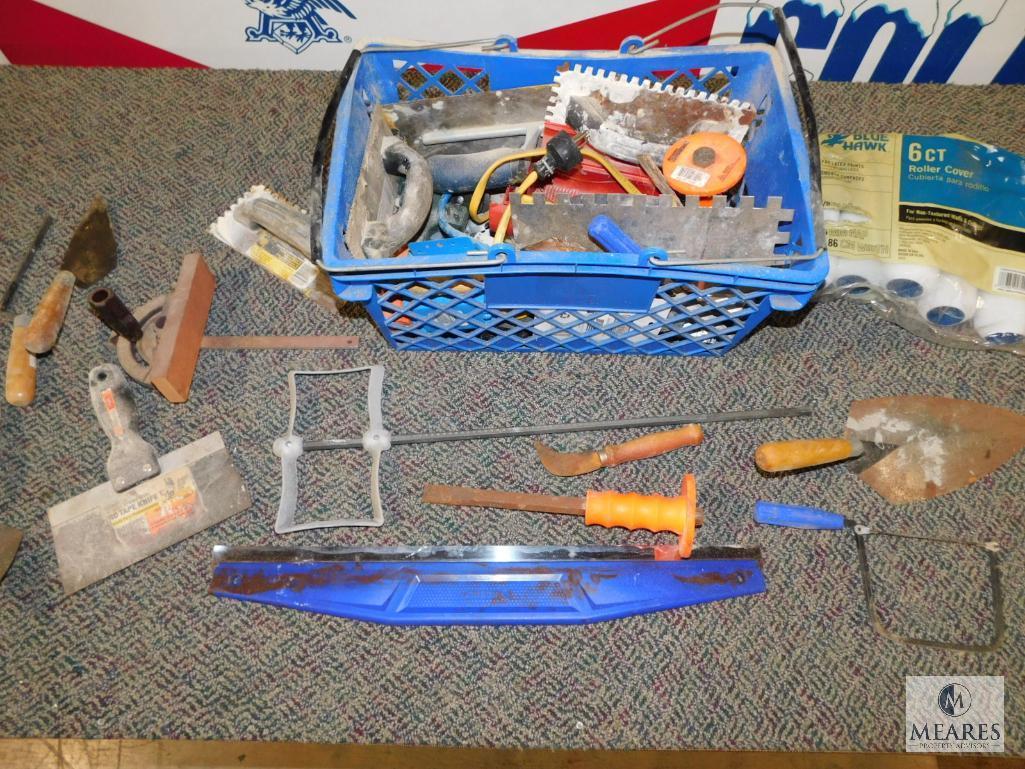 Lot of assorted Hand Tools - Trowels, Saw Guide, Paint Mixer, Roller Brushes, Chisels, and more