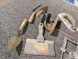 Lot of assorted Hand Tools - Trowels, Saw Guide, Paint Mixer, Roller Brushes, Chisels, and more