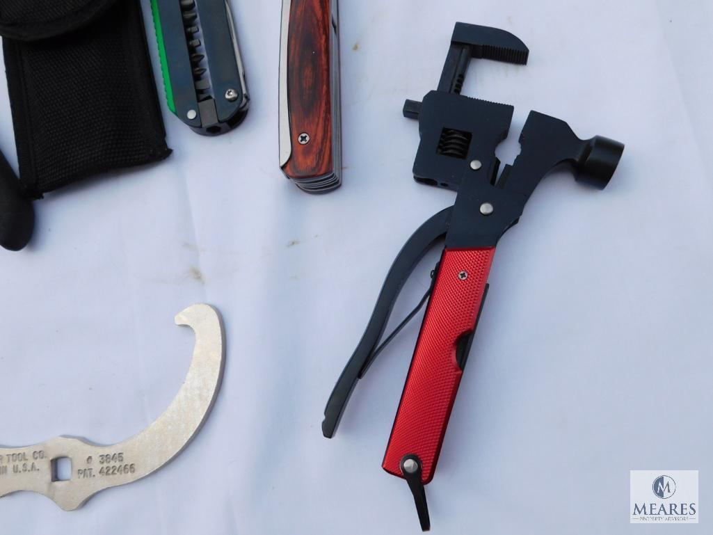 Lot of Two Bionic Wrenches, Hammer Multi Tools, Vise Grip Pliers, and Two Railroad Spikes