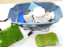 Bucket of Cleaning Supplies - Sponges, Shoe Brush, and More