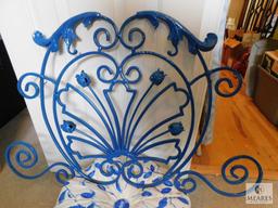 Blue and White Tufted Footstool with Wood Legs - includes Blue Iron Wall Sconce