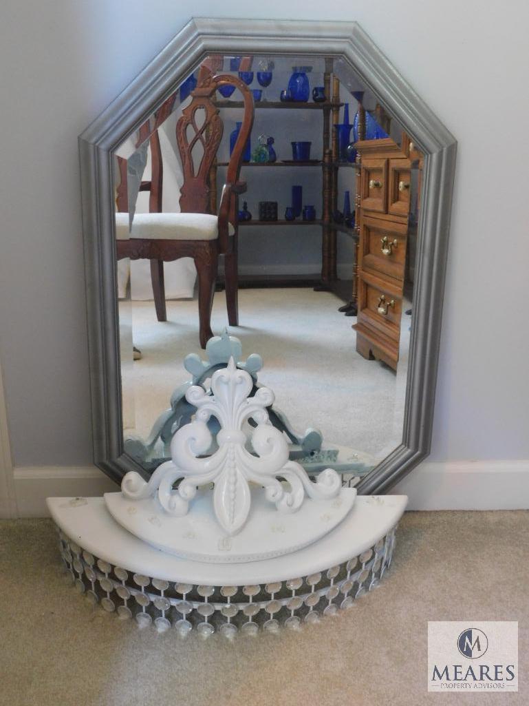 Lot: Silver frames, Beveled Glass Mirror and White Wall Shelf