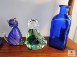 Lot of 5: Cobalt Blue Glass Decorations with a Pair of Green Glass Cats