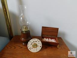 Lot Decorative Quartz Clock, Wood Base Oil Lamp and Wood Trinket Box
