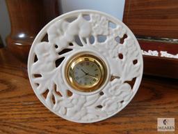 Lot Decorative Quartz Clock, Wood Base Oil Lamp and Wood Trinket Box