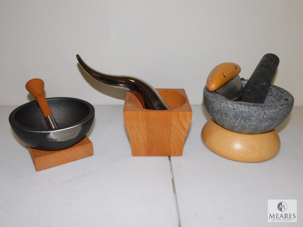 Lot of Three Mortar and Pestle Sets - Stone, Wood, Iron and Stainless