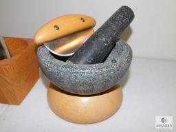 Lot of Three Mortar and Pestle Sets - Stone, Wood, Iron and Stainless