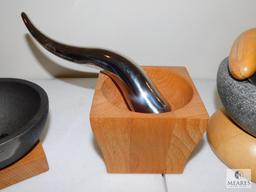 Lot of Three Mortar and Pestle Sets - Stone, Wood, Iron and Stainless