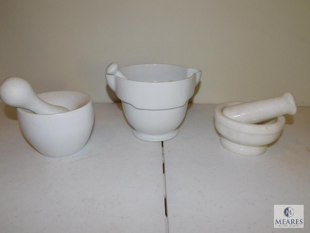 Lot of Three Mortar and Pestle Sets - White Stone, Ceramic and Porcelain