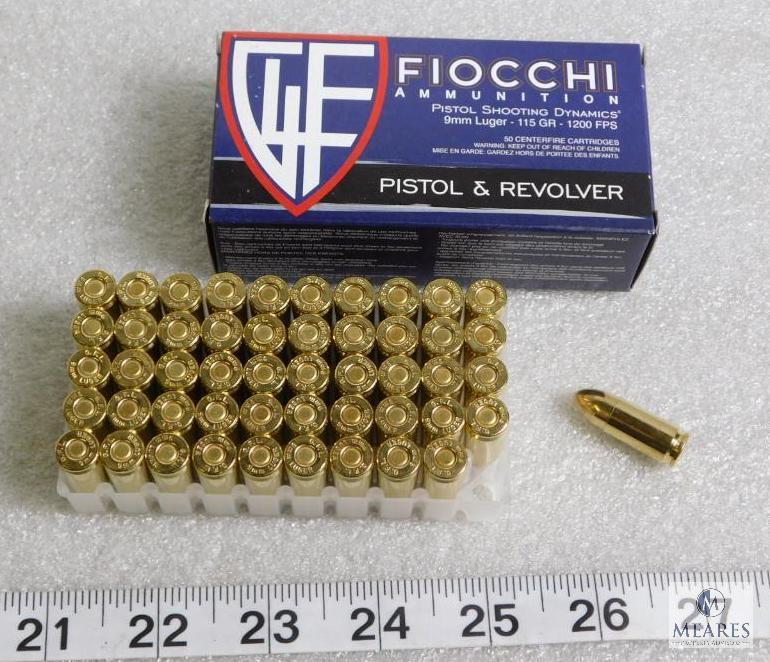 50 rounds Fiocchi 9mm ammunition, 115 grain FMJ 1200 FPS - Hard to Find!