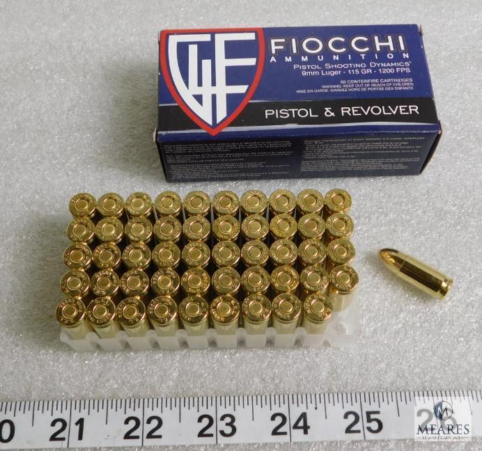 50 rounds Fiocchi 9mm ammunition, 115 grain FMJ 1200 FPS - Hard to Find!