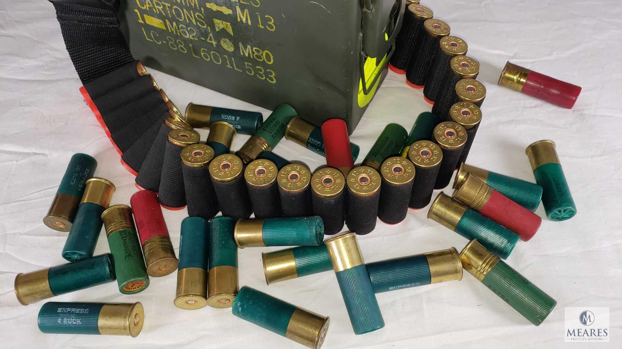 68 Rounds 12 Gauge Buckshot Shells, Bandolier & Metal Ammo Can