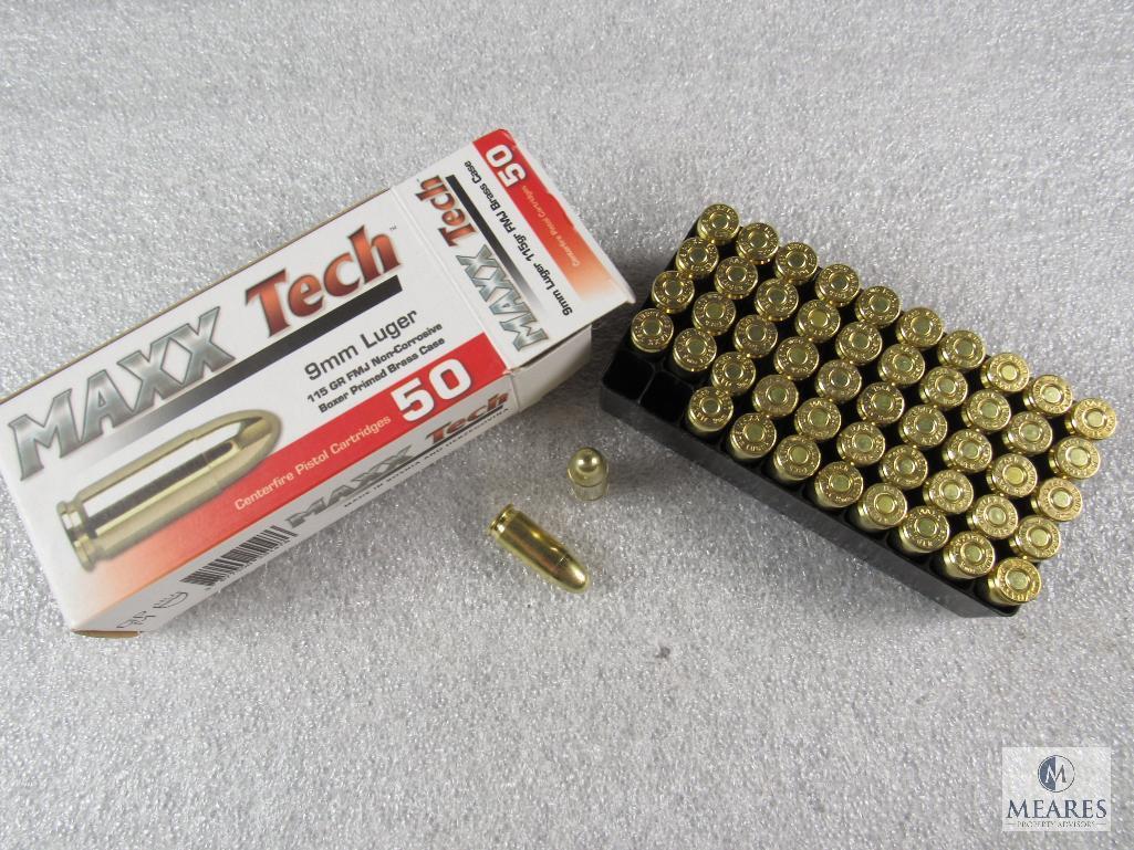 50 rounds 9mm Maxxtech ammo. 115 grain FMJ. Brass case reloadable