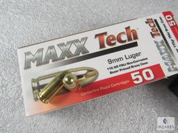 50 rounds 9mm Maxxtech ammo. 115 grain FMJ. Brass case reloadable