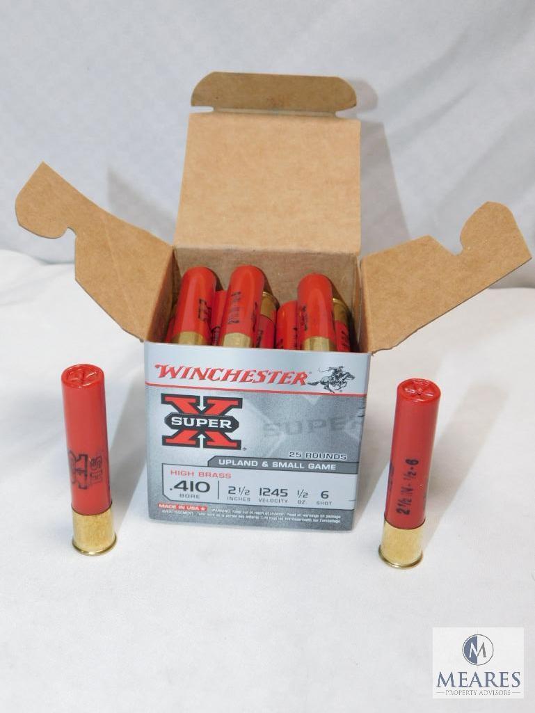 25 rounds Winchester .410 gauge shotgun shells. 2 1/2" #6 shot high brass 1245FPS.