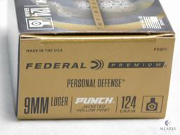 20 rounds Federal Premium Self Defense 9mm ammo. 124 grain jacketed hollow point.