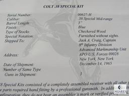 1965 Colt .38 Special Kit Gun Semi-Auto Pistol w/ Colt Archive Letter 8th Infantry Captain US Forces