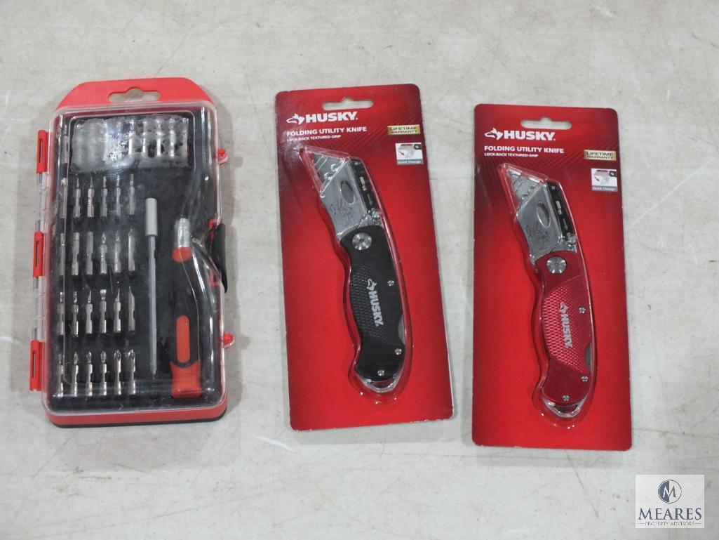 Lot 2 New Husky Folding Utility Knives & 35 pc Precision Screwdriver Set