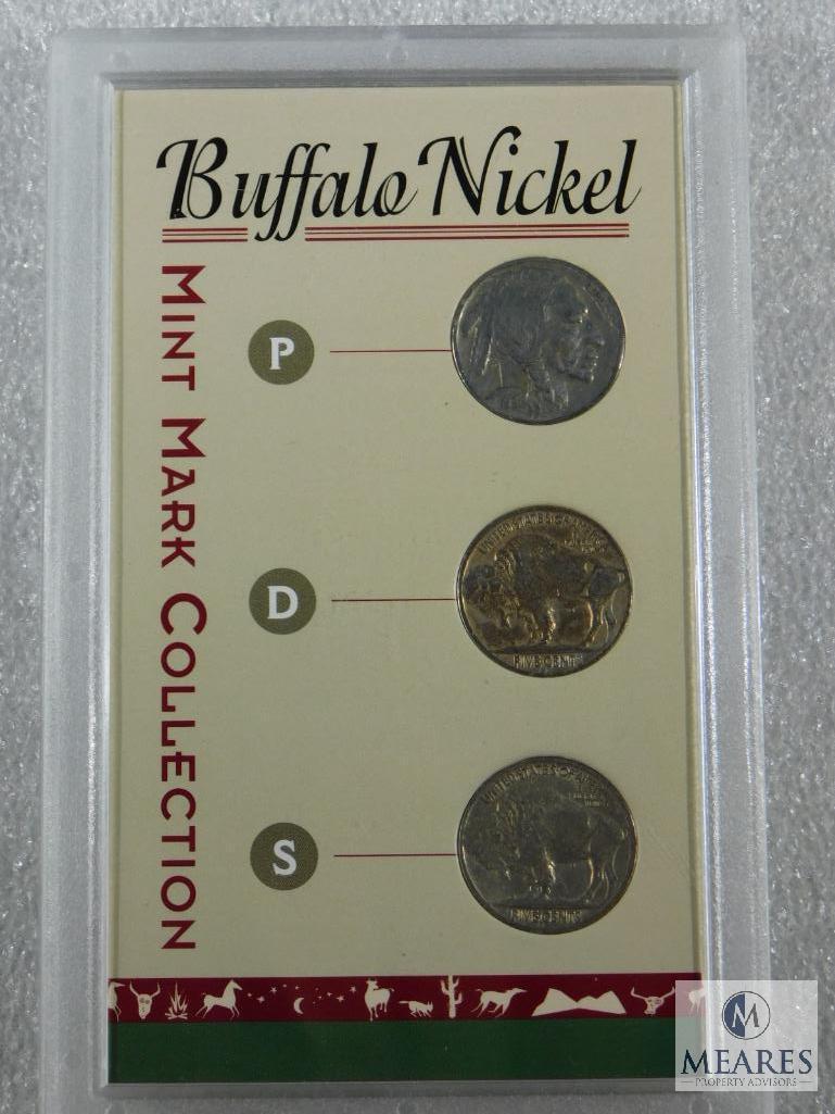 Three Different Buffalo Nickel Sets in Display Cases