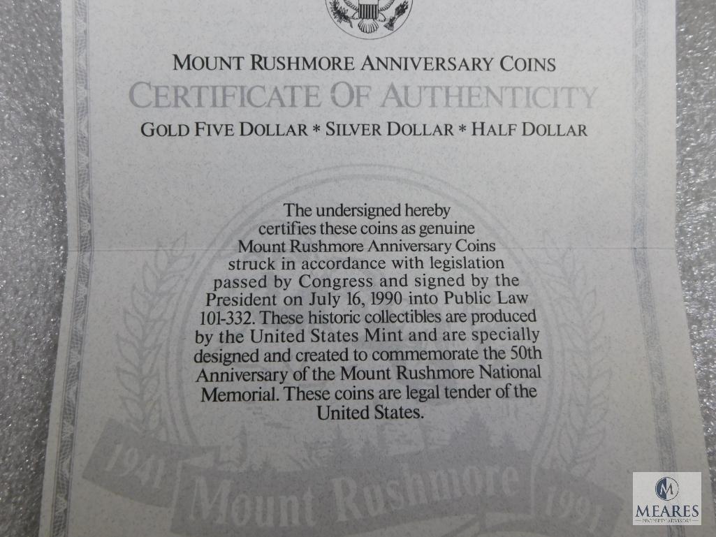 1991 US Mint Three-Coin Mount Rushmore PROOF Coin Set with Gold $5