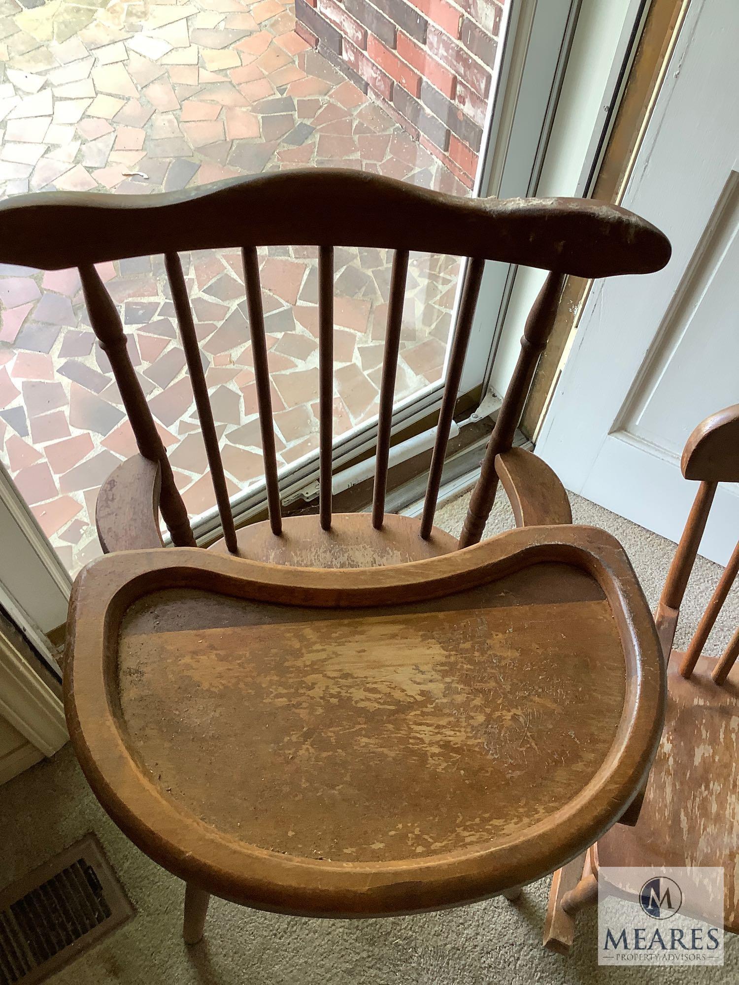Wooden Child's High Chair and Child's Wooden Rocker